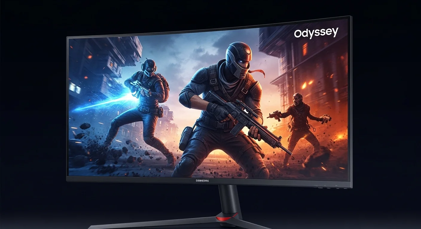 Primer plano de un monitor Samsung de 49 pulgadas de la serie Odyssey, mostrando una escena de juego inmersiva en su pantalla curva.