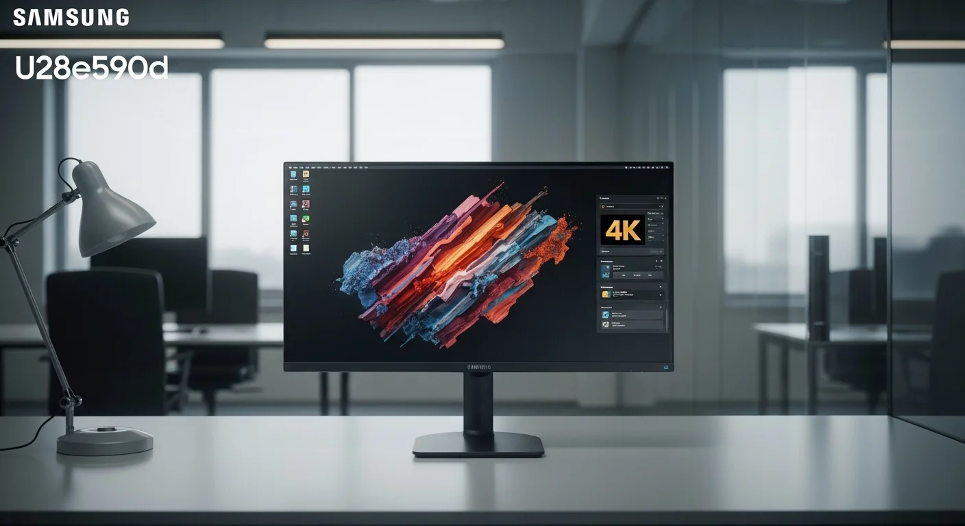 Monitor profesional Samsung u28e590d con resolución 4K en un entorno de oficina, mostrando gráficos detallados.