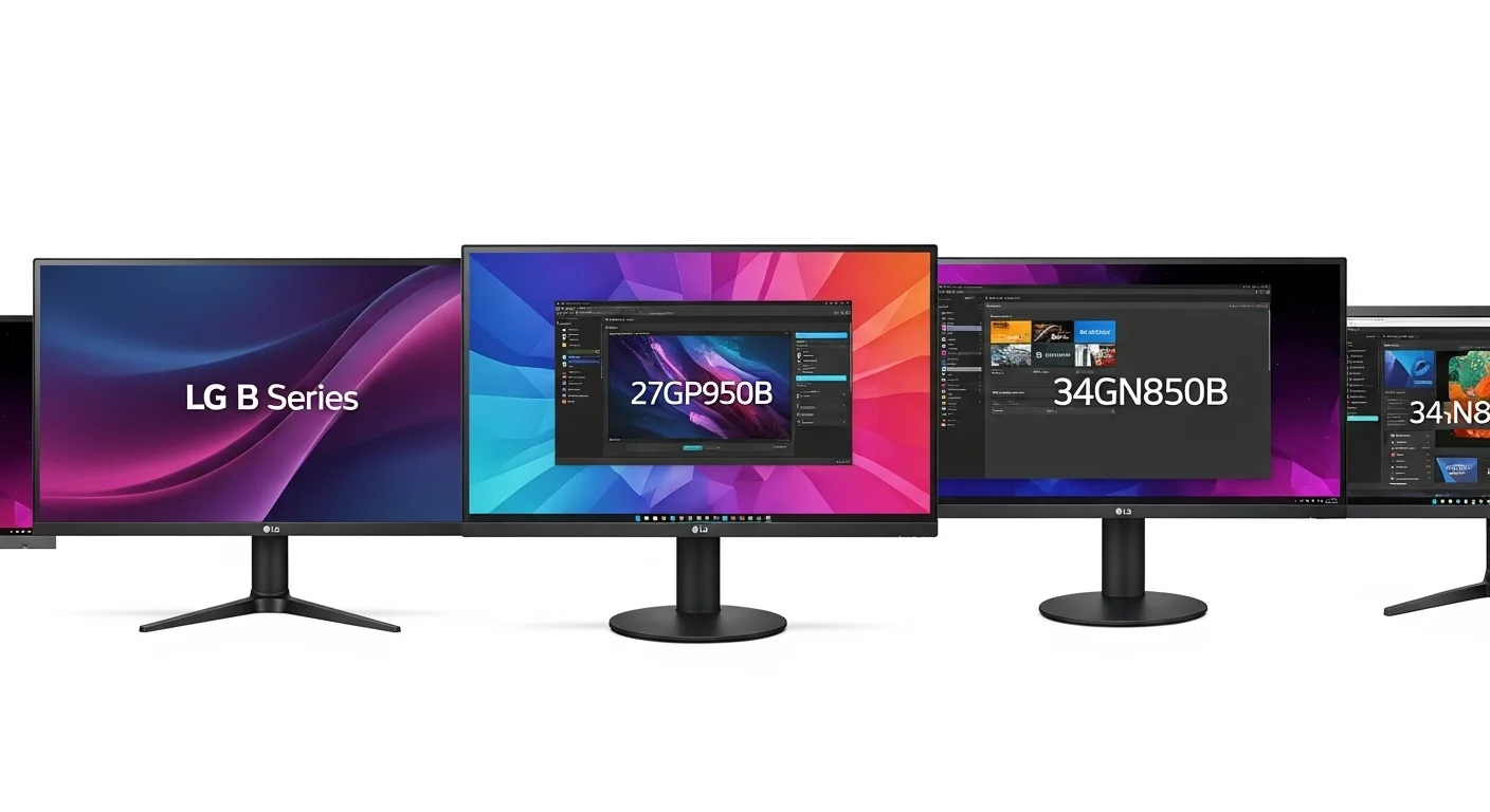 Una fila de monitores LG de la serie B, incluyendo los modelos 32un880 b, 27gp950 b y 34gn850 b, mostrando diferentes interfaces de software.