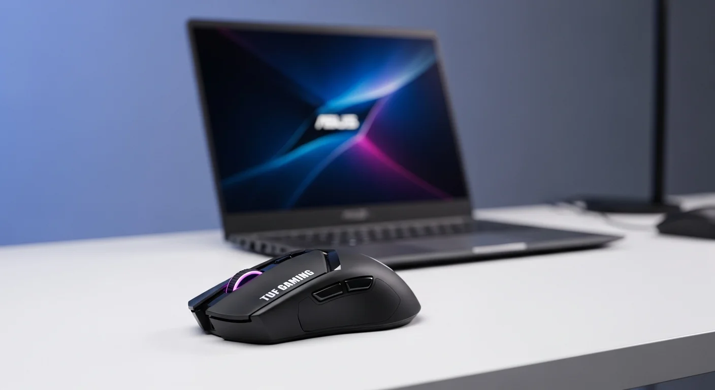 Un mouse inalambrico Asus de la serie TUF Gaming mostrando su diseño robusto sobre un escritorio con una laptop de fondo.