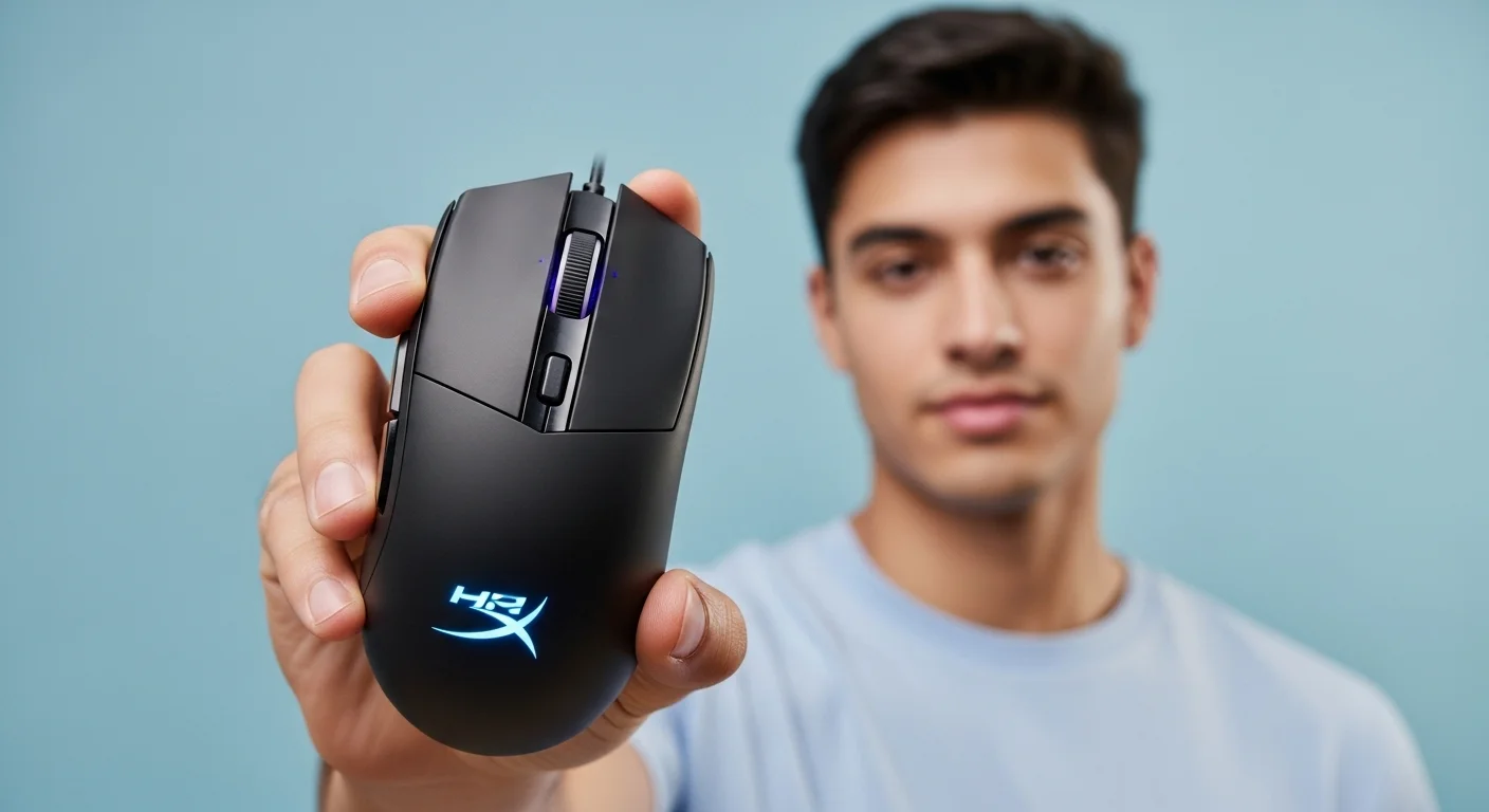 Una persona sosteniendo un Mouse Hyperx Pulsefire Core, mostrando su diseño ergonómico y la iluminación RGB del logo, ideal para computadoras y tecnología de oficina.