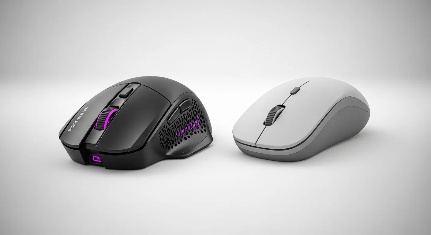 Un mouse inalámbrico de alta gama junto a uno más económico, simbolizando la comparativa de precio de mouse inalámbrico y las diferentes opciones de calidad.