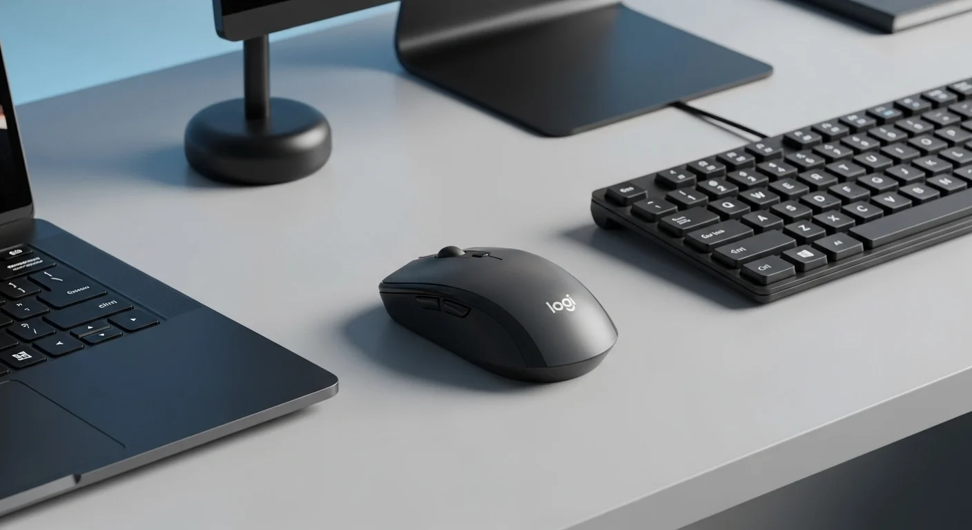 Un mouse M185 Logitech junto a otros accesorios de computadora, como un teclado y una laptop, sobre un escritorio ordenado.