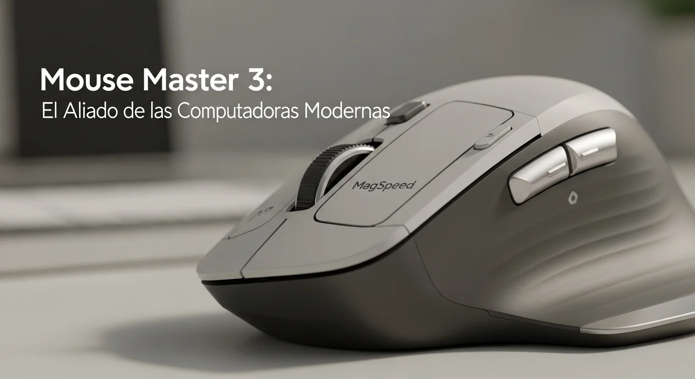 Un primer plano del mouse Logitech MX Master 3 que detalla la rueda de scroll MagSpeed y la rueda de pulgar, destacando la calidad de los materiales.