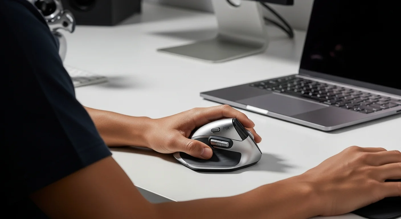 Primer plano del Mouse MX Vertical de Logitech siendo utilizado en una postura ergonómica de apretón de manos, demostrando su beneficio para la salud postural frente a las computadoras.