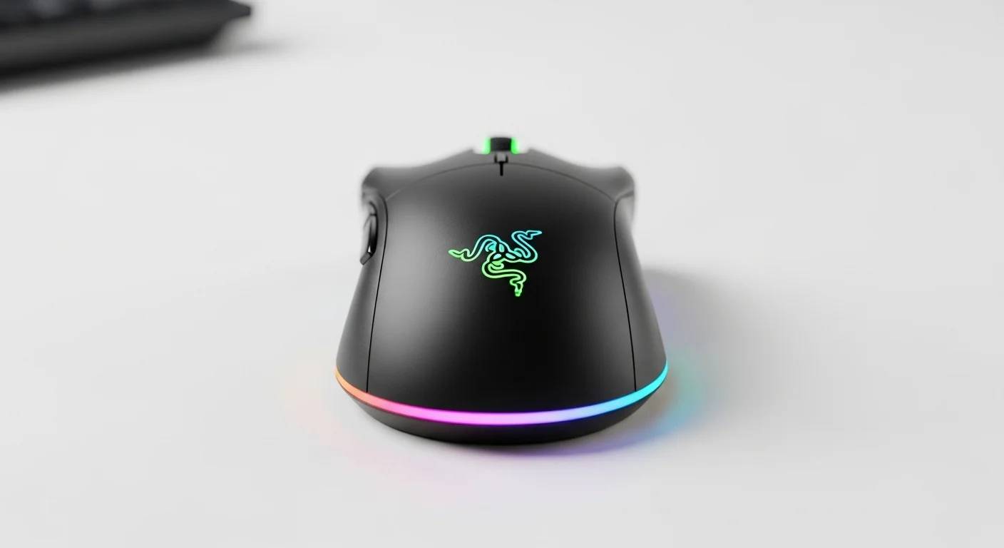 Primer plano del mouse Razer Viper Mini iluminado con RGB, destacando su diseño compacto y de alto rendimiento para computadoras.