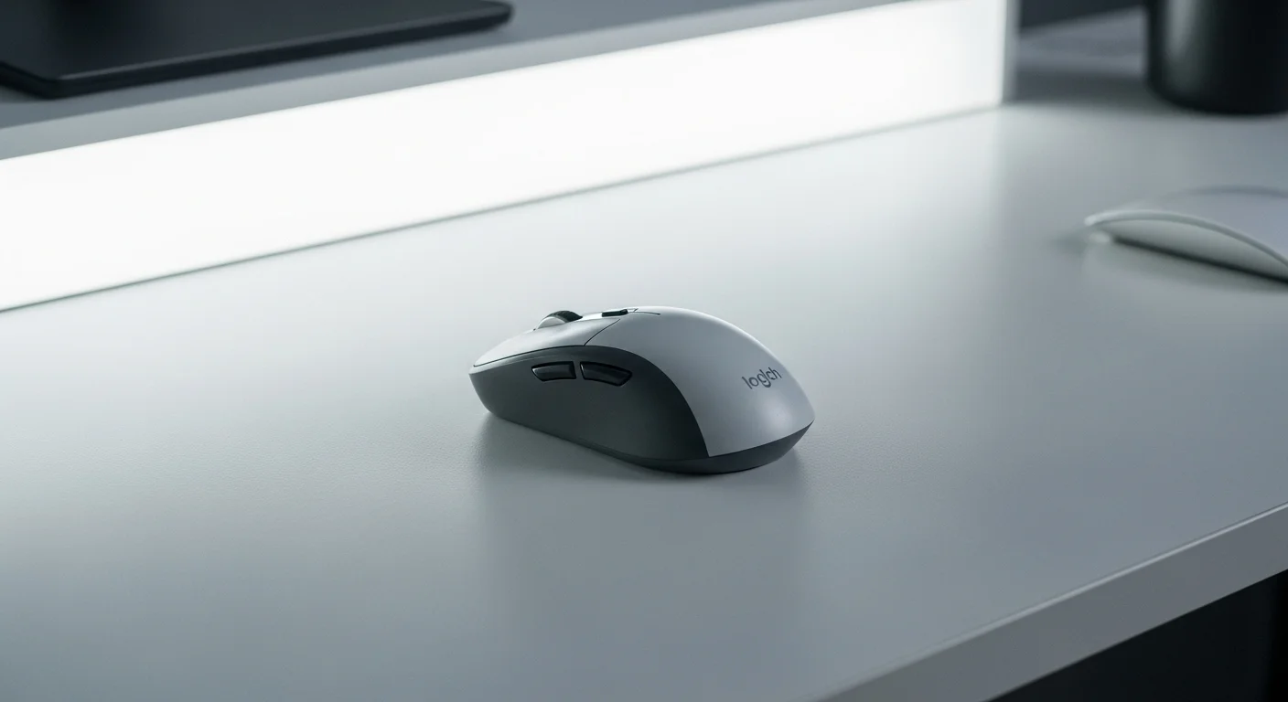 Primer plano de un mouse silent Logitech m330 silent plus sobre un escritorio, simbolizando la tecnología silenciosa