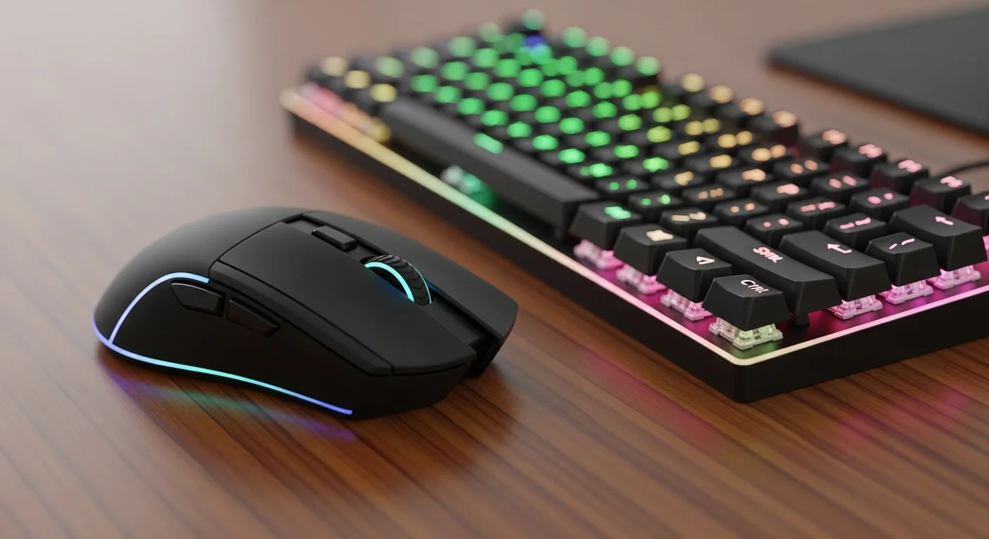 Primer plano de un mouse gamer inalámbrico ergonómico y un teclado mecánico inalámbrico TKL, ambos con iluminación RGB, sobre un escritorio de madera.