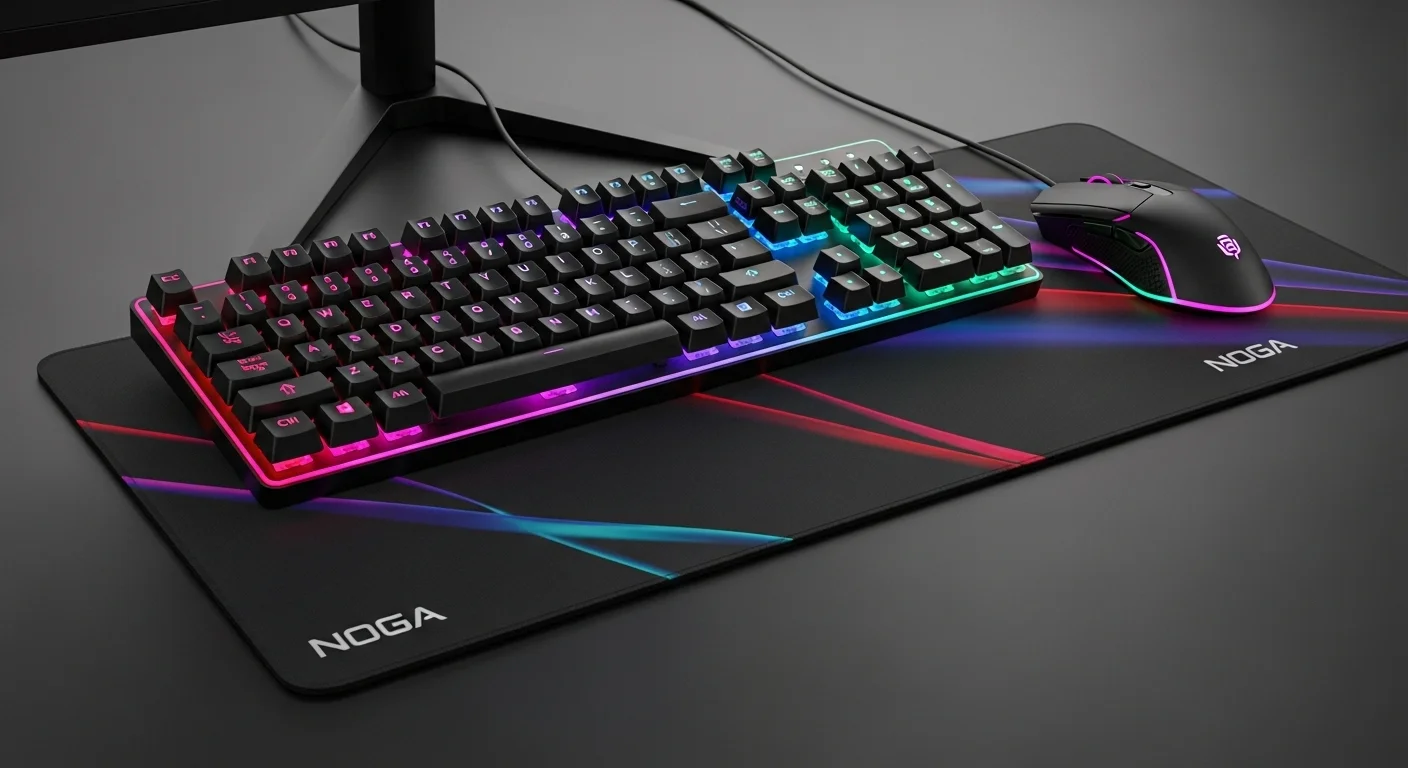Primer plano de un combo de teclado noga gamer y mouse noga, ambos con retroiluminación RGB, sobre un mousepad.