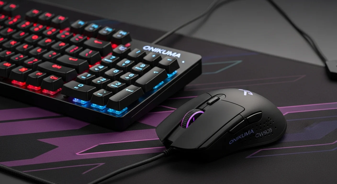 Primer plano de un teclado mecánico Onikuma y un mouse ergonómico Onikuma CW905 sobre una alfombrilla, destacando la iluminación y el diseño para computadoras.