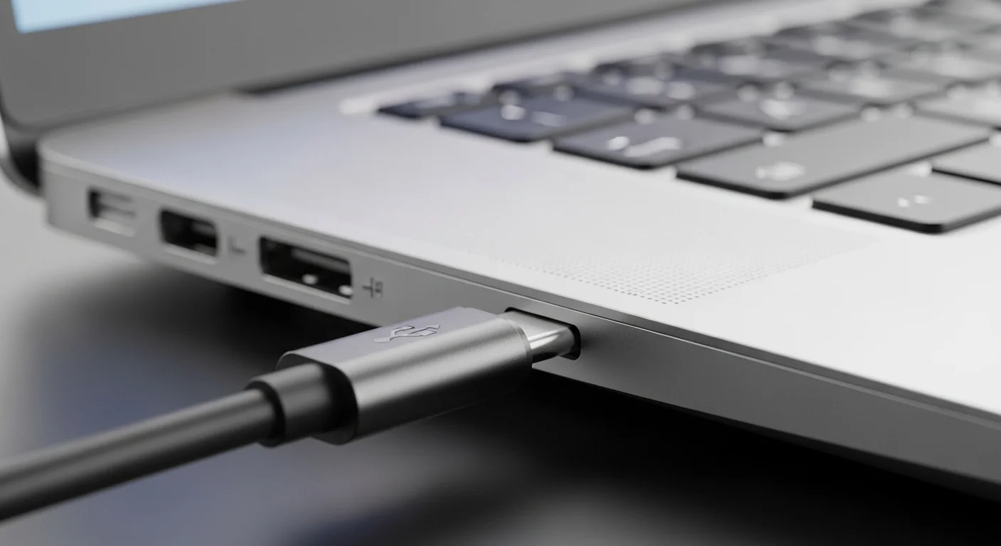 Un primer plano de un conector de mouse USB tipo C a punto de ser enchufado en el puerto de una laptop moderna, simbolizando la conectividad avanzada en computadoras.