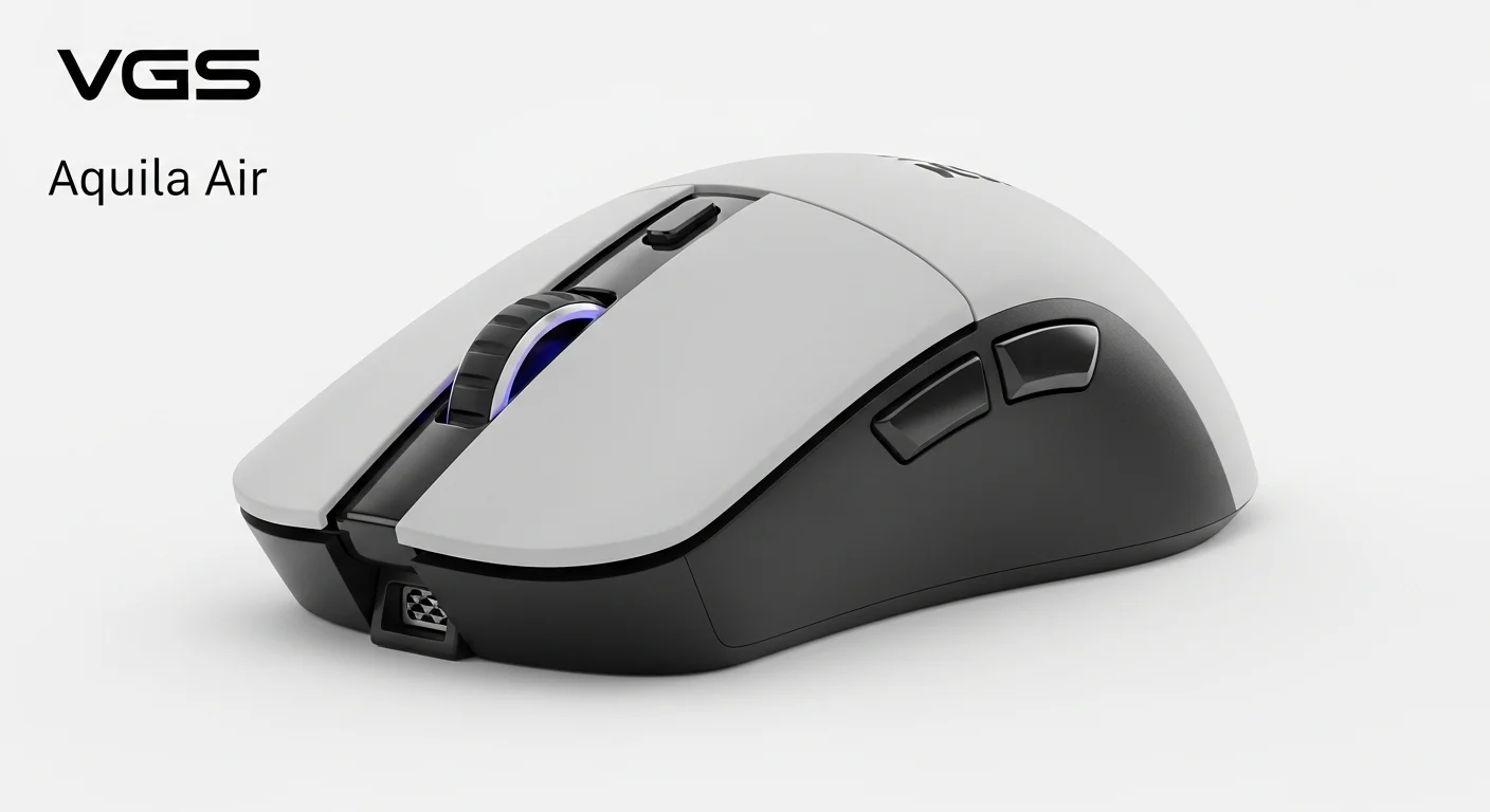 Primer plano del mouse vsg aquila air mostrando su diseño ultraligero y sensor de alta precisión para computadoras.