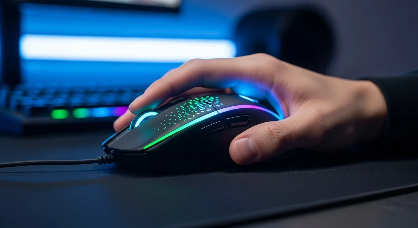 Primer plano de la mano de un jugador sosteniendo un mouse logitech rgb, destacando su diseño ergonómico y la iluminación personalizable en un entorno de juego.