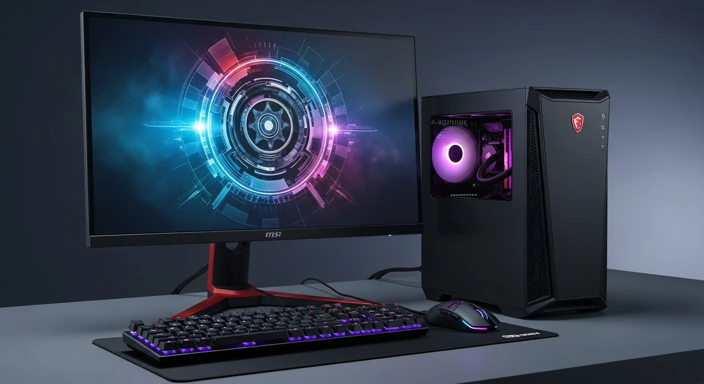Fotografía de una computadora compacta MSI MEG Trident X 12th junto a un monitor y periféricos gaming, destacando su diseño elegante y su pequeño tamaño.