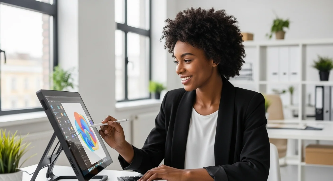 Profesional creativa interactuando con una pantalla táctil para PC en un entorno de oficina brillante, mejorando la productividad.