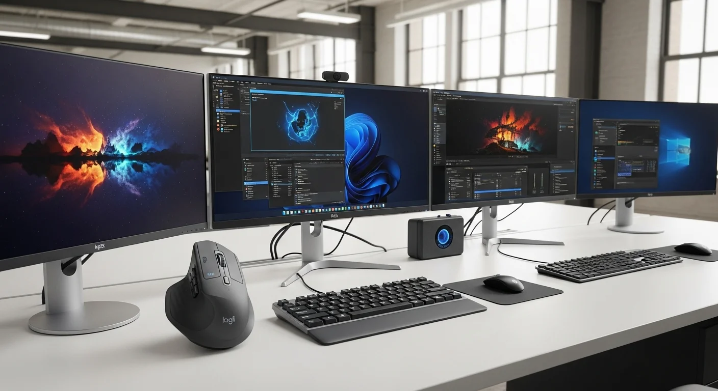 Un escritorio profesional con el ecosistema Logitech MX, mostrando el mouse Mx Master 3S junto al teclado MX Keys y varias pantallas de computadoras.