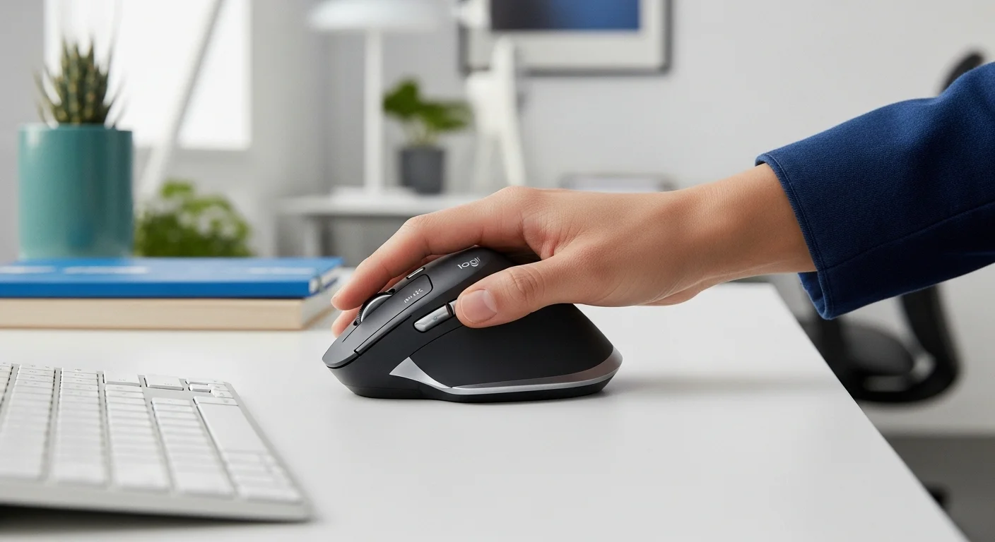 El ratón MX Vertical de Logitech en uso en un entorno de oficina, mostrando la postura ergonómica de la mano en forma de apretón de manos para mejorar el confort.