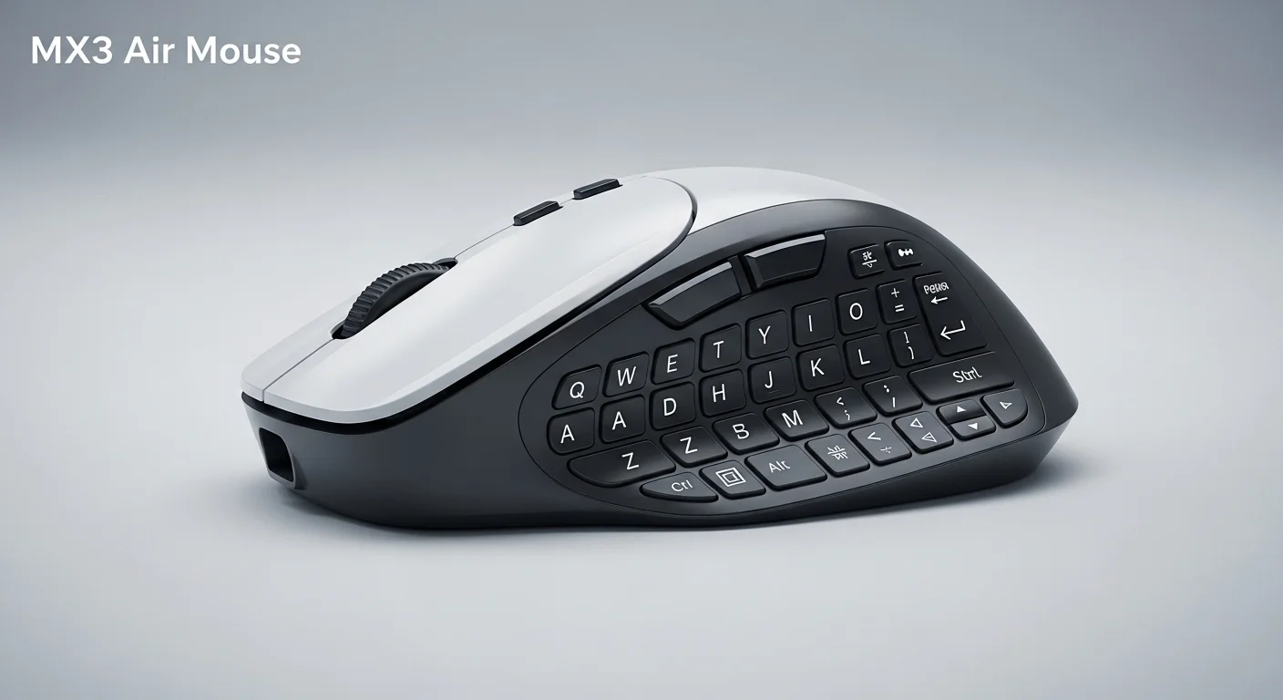 Vista detallada del MX3 Air Mouse, mostrando su teclado QWERTY en el reverso, un accesorio clave para computadoras y centros multimedia.