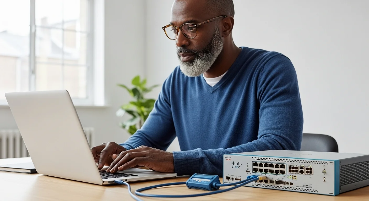 Un administrador de redes trabajando en una laptop conectada a un switch con un cable de consola, simbolizando la gestión de redes de computadoras con tecnología Cisco.