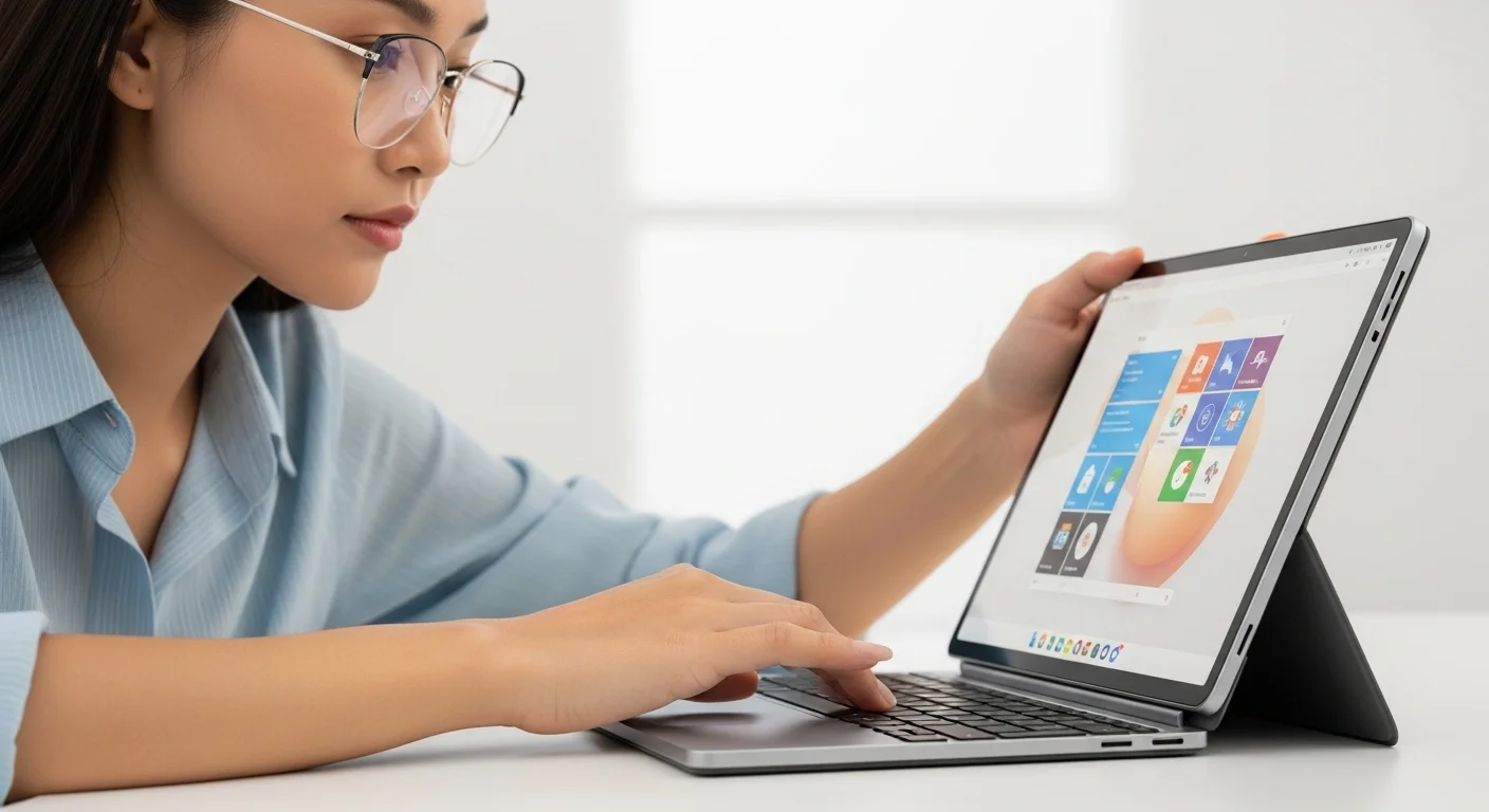 Primer plano de una persona usando una notebook tablet con pantalla touch, destacando la versatilidad de los nuevos formatos de computadoras.