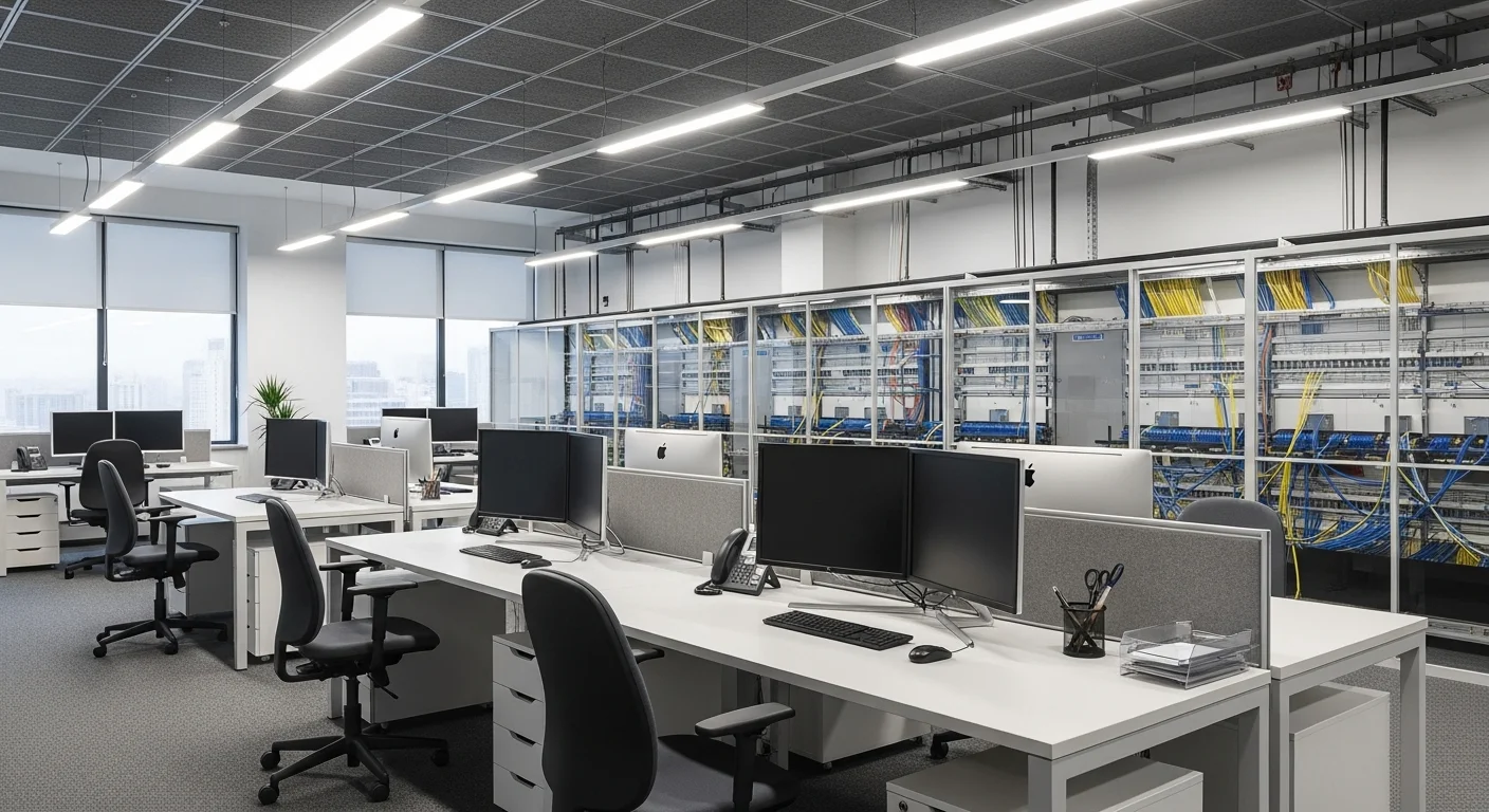 Interior de una oficina moderna y tecnológica con estaciones de trabajo limpias, mostrando la importancia de un cableado estructurado tanto eléctrico como de datos.