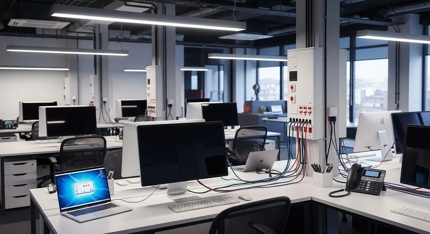 Interior de una oficina moderna con múltiples computadoras y laptops, destacando la necesidad de una infraestructura eléctrica robusta.