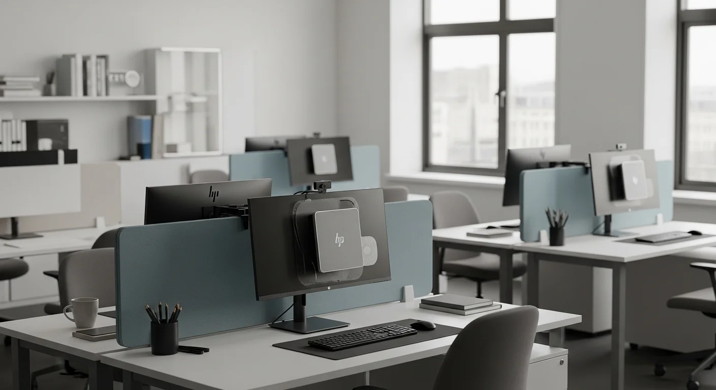 Una oficina moderna y limpia con varias estaciones de trabajo equipadas con computadoras HP Desktop Mini montadas detrás de los monitores.