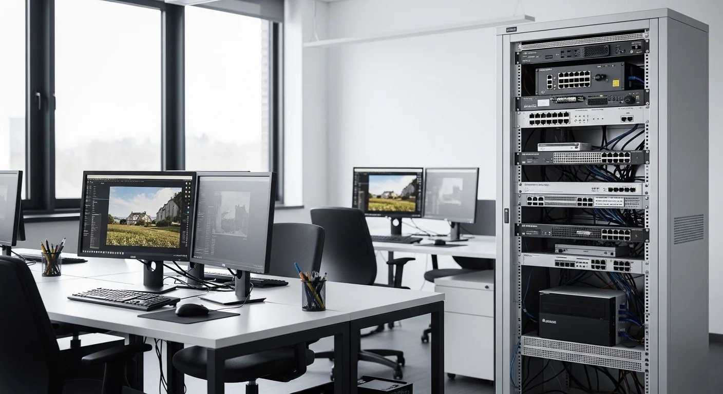 Interior de una oficina moderna y luminosa con varias computadoras funcionando, destacando en un segundo plano un rack con switches y un modem banda ancha profesional, representando un entorno de trabajo con conectividad de alto rendimiento.