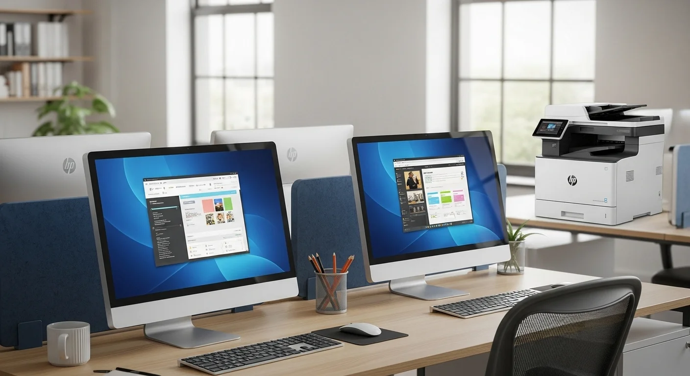 Ambiente de oficina moderno con computadoras de escritorio y una impresora multifuncional HP en el fondo.