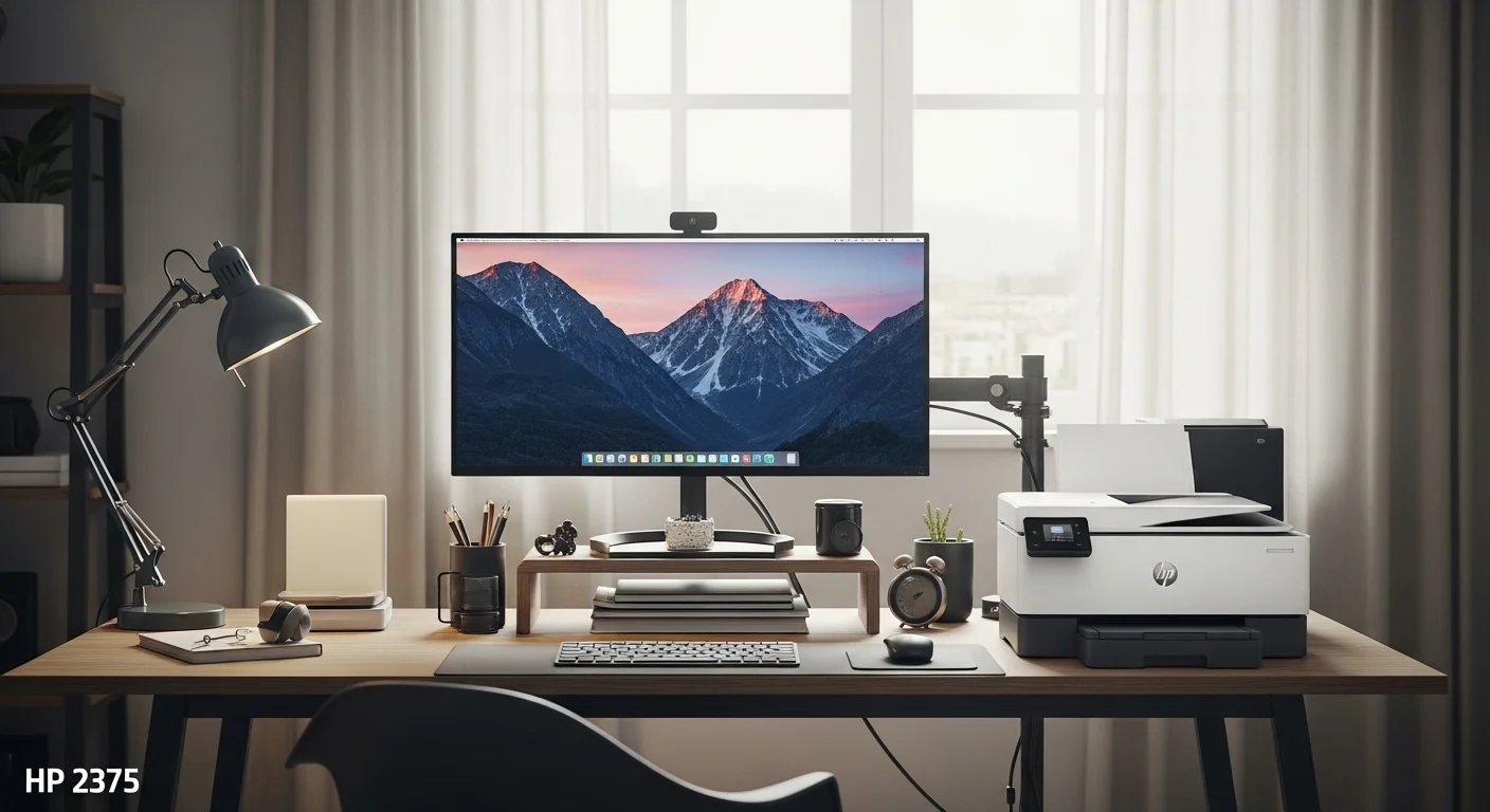 Escritorio de una oficina en casa con la impresora HP 2375, una computadora, pantalla externa y otros accesorios tecnológicos, demostrando un entorno de trabajo eficiente.