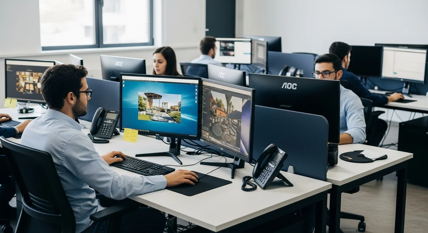 Una oficina moderna y profesional equipada con múltiples computadoras y monitores Aoc, demostrando su versatilidad para el trabajo.