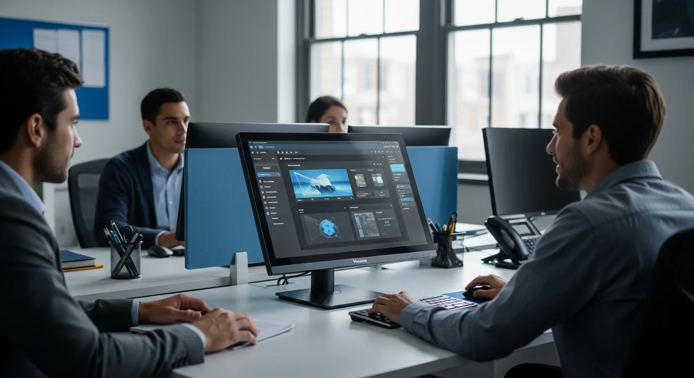 Entorno de oficina moderno utilizando un monitor Viewsonic TD2230 táctil para colaboración.