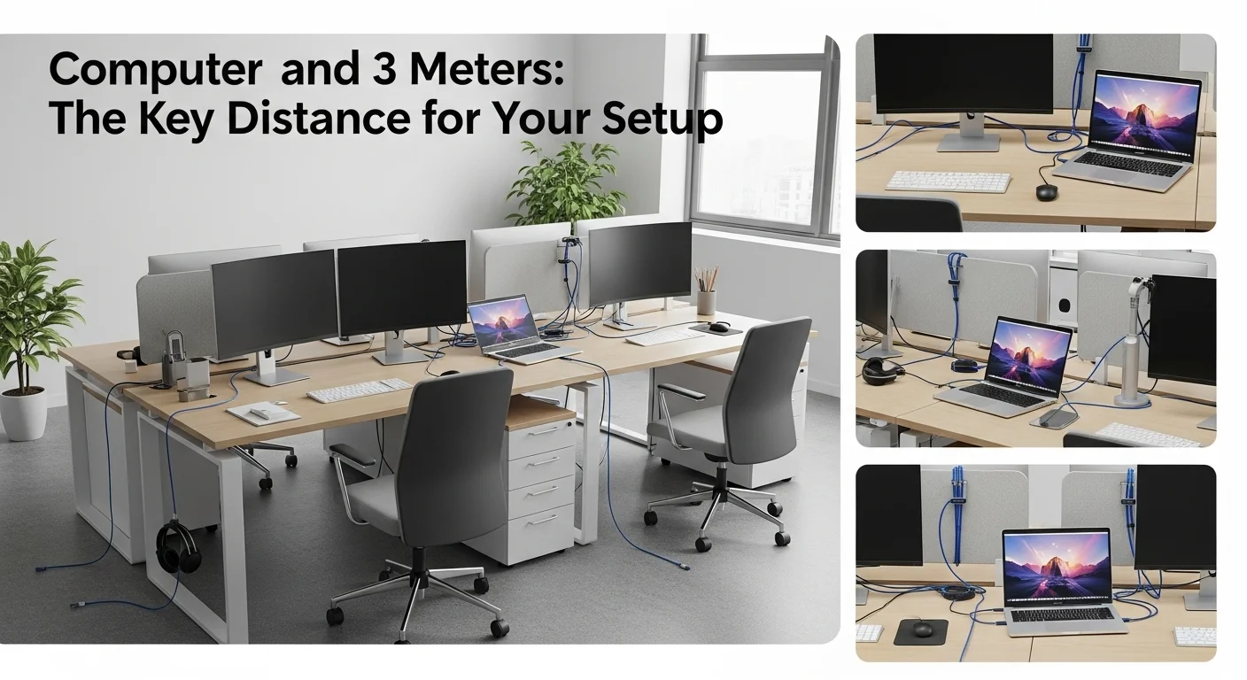 Espacio de trabajo de oficina moderno con laptops y monitores conectados con cables de 3 metros, mostrando una gestión de cables limpia.