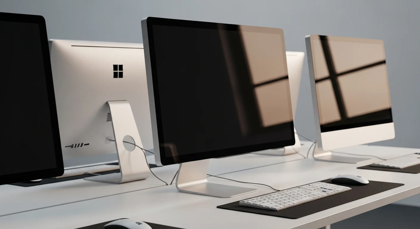 Una limpia y moderna configuración de oficina con varias computadoras, cada una equipada con el fiable Microsoft Basic Optical Mouse v2.0.