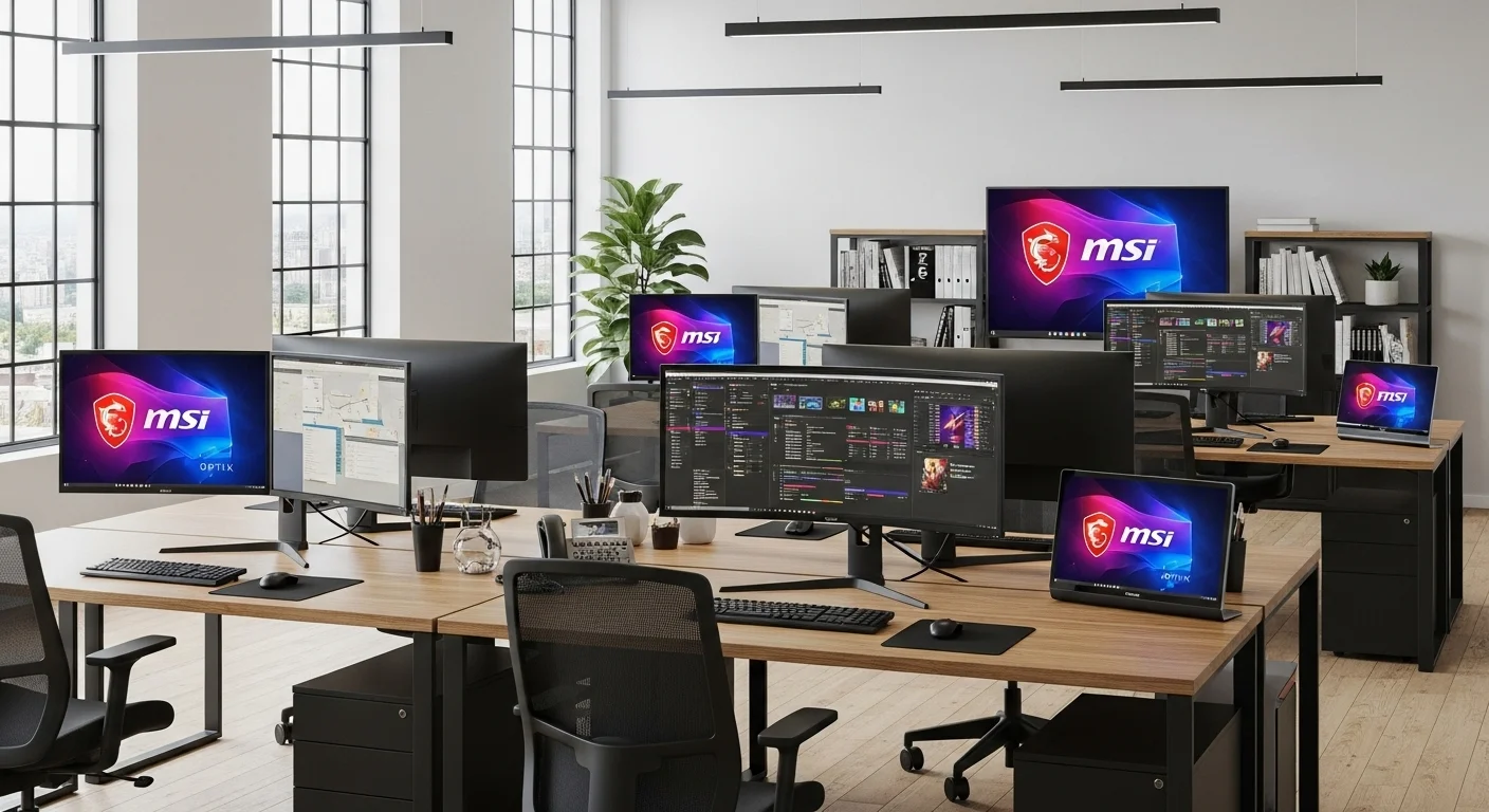 Una oficina moderna equipada con múltiples computadoras y monitores Msi Optix, destacando la productividad y el diseño ergonómico.