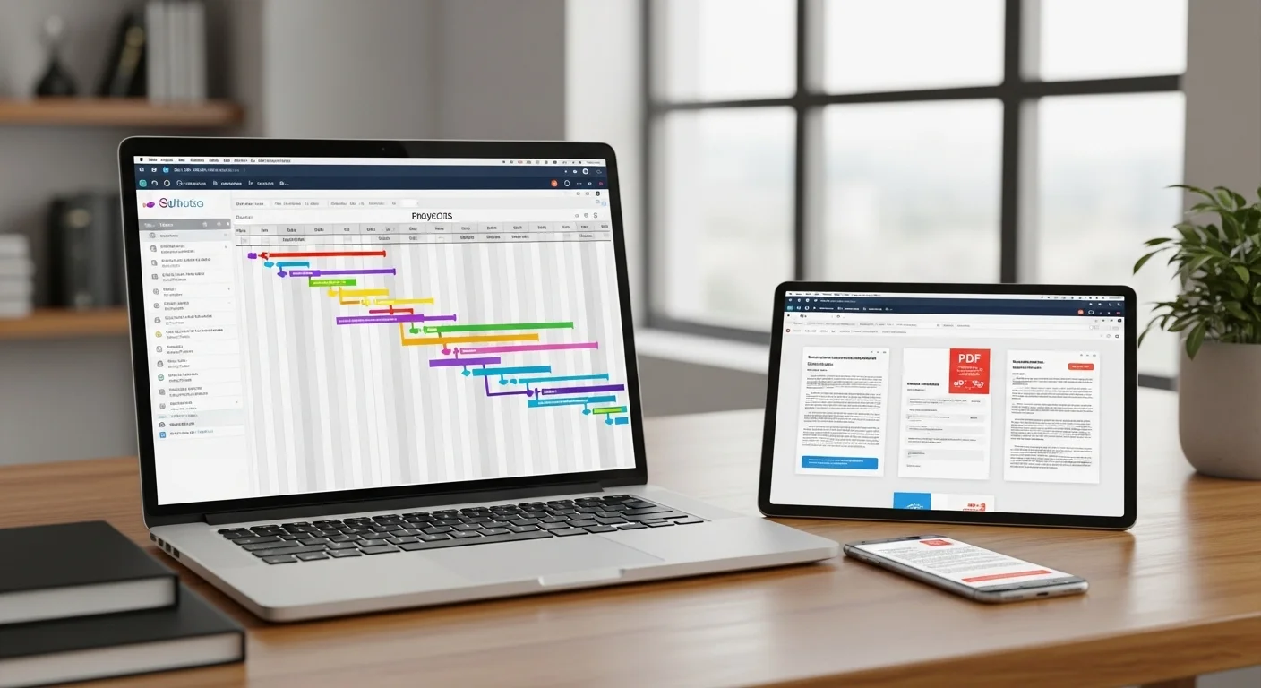 Escritorio de oficina con una laptop mostrando un diagrama de Gantt, una tablet con archivos PDF y un smartphone, demostrando un ecosistema de productividad.