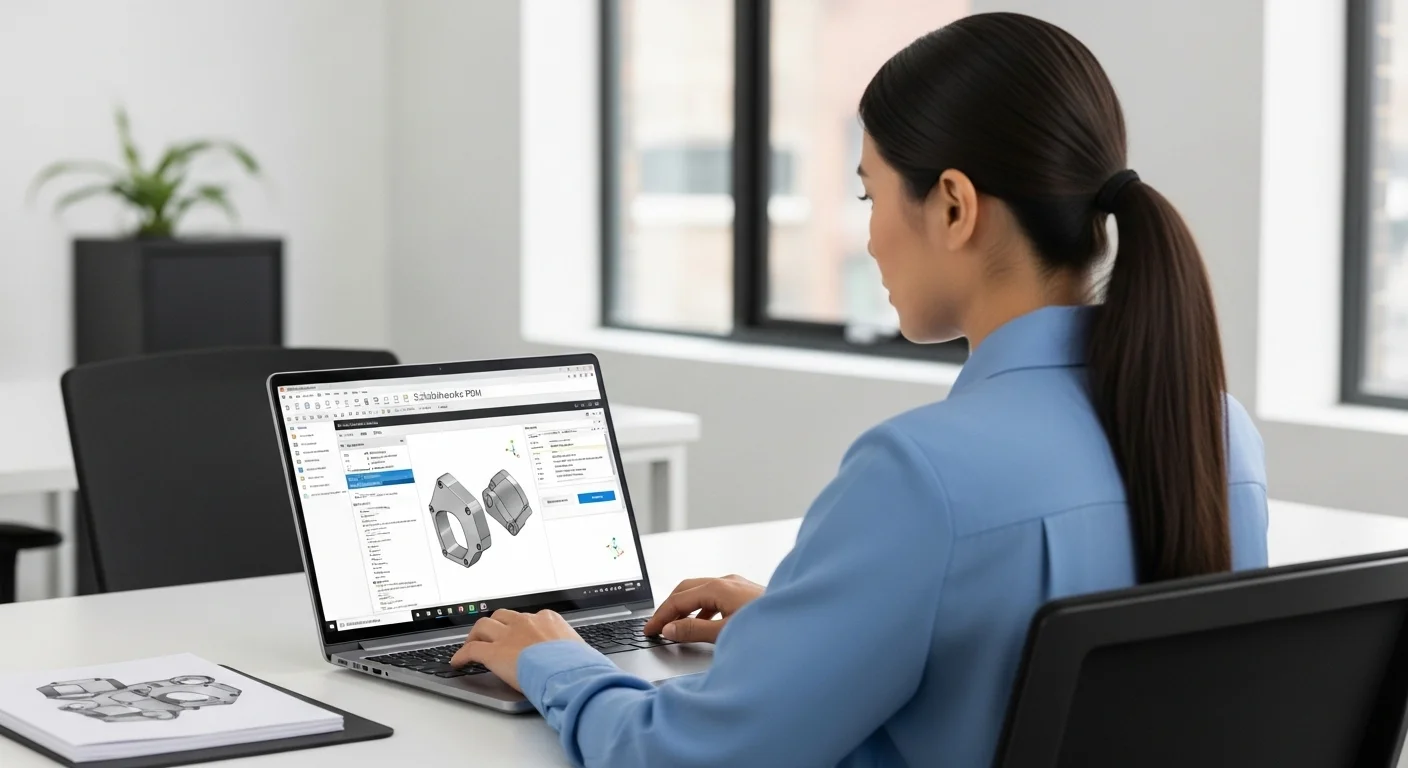 Un ingeniero utilizando una laptop potente para gestionar archivos de diseño a través de la interfaz de Solidworks PDM, mostrando la colaboración y gestión de datos.