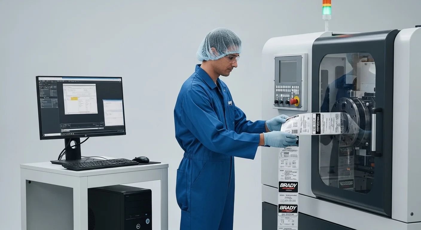 Un operario en un entorno industrial aplicando una etiqueta industrial Brady, impresa desde un sistema informático, a una pieza de maquinaria.