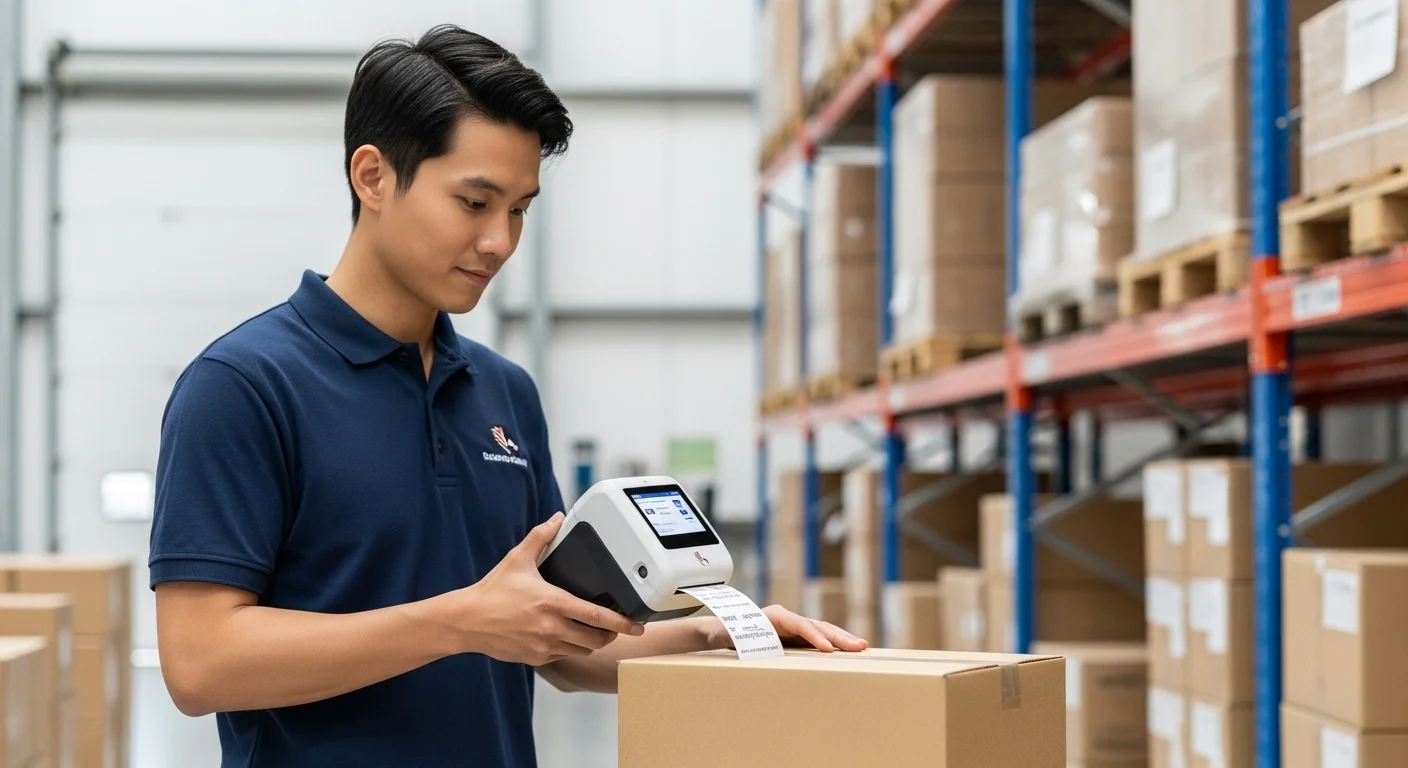 Trabajador en un almacén utilizando una impresora portátil Zebra para etiquetar paquetes, mostrando la eficiencia de las computadoras móviles y la tecnología de etiquetado.