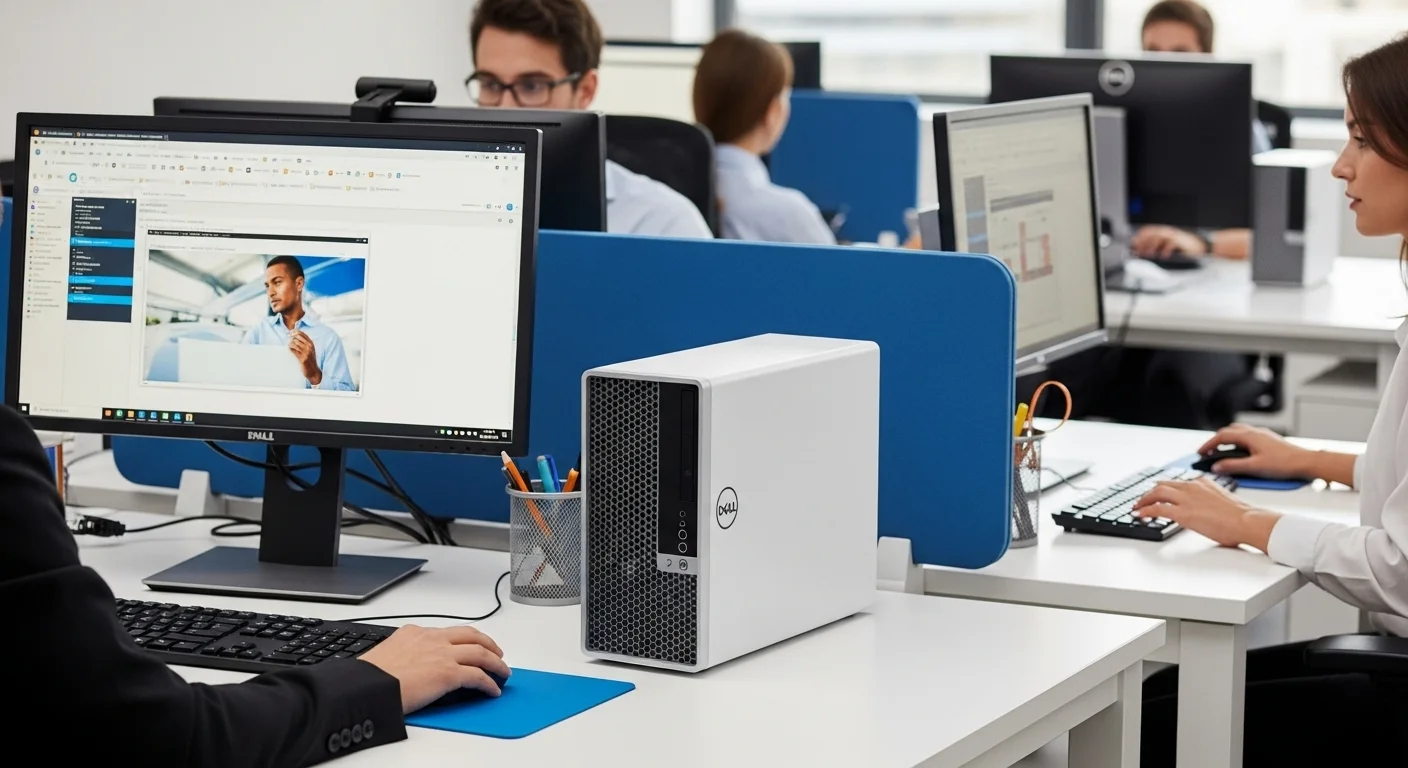 Un moderno espacio de oficina con computadoras Dell Optiplex SFF en los escritorios, destacando su diseño compacto y profesional.