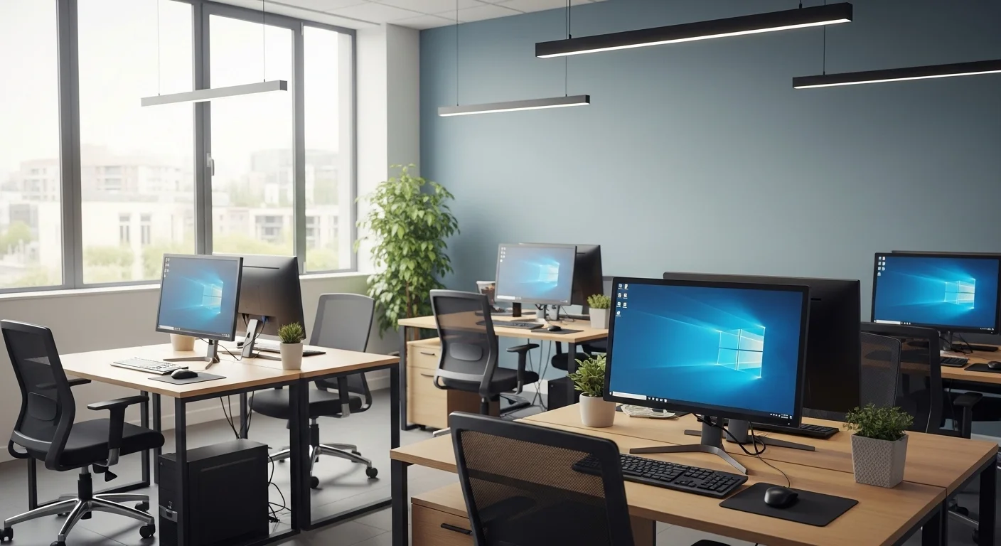 Una oficina equipada con varios ordenadores baratos y funcionales sobre escritorios limpios, demostrando soluciones tecnológicas eficientes.