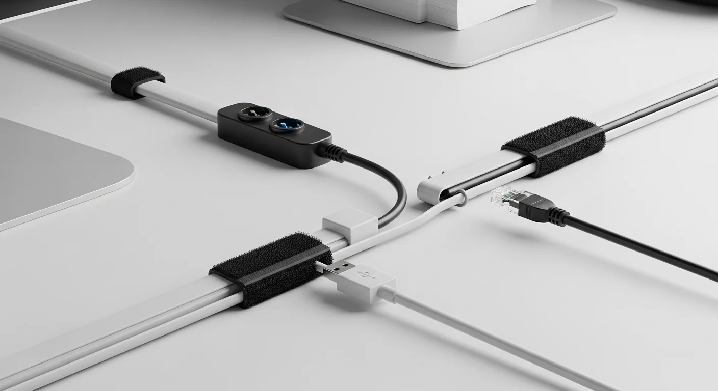 Un escritorio de trabajo ordenado donde se utilizan canaletas y bridas de velcro para gestionar un cable alargador, un cable alargador usb y un alargador cable ethernet.