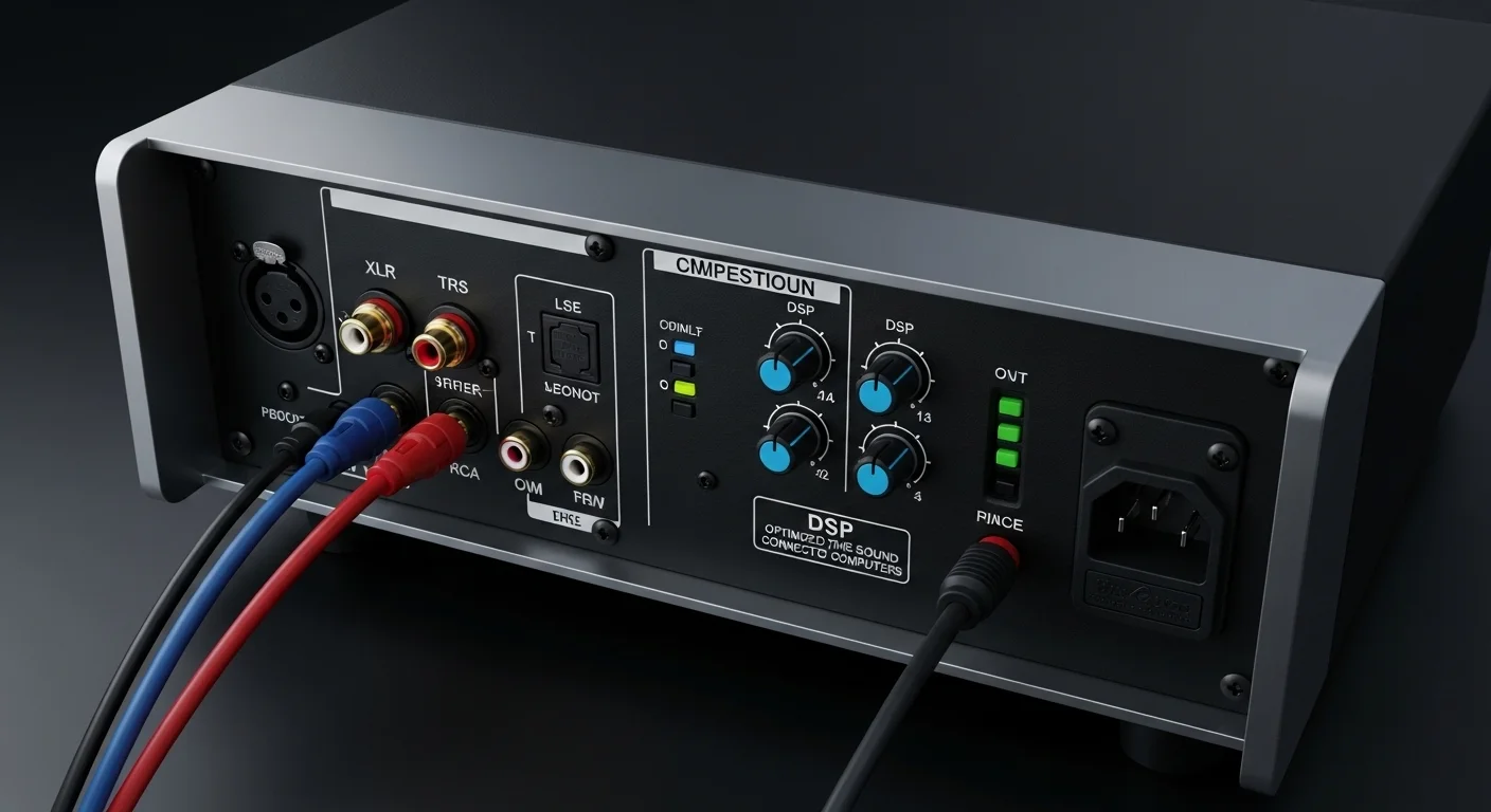 Panel trasero de una bocina amplificada mostrando diversas entradas como XLR, TRS y RCA, y controles de DSP para optimizar el sonido conectado a computadoras.