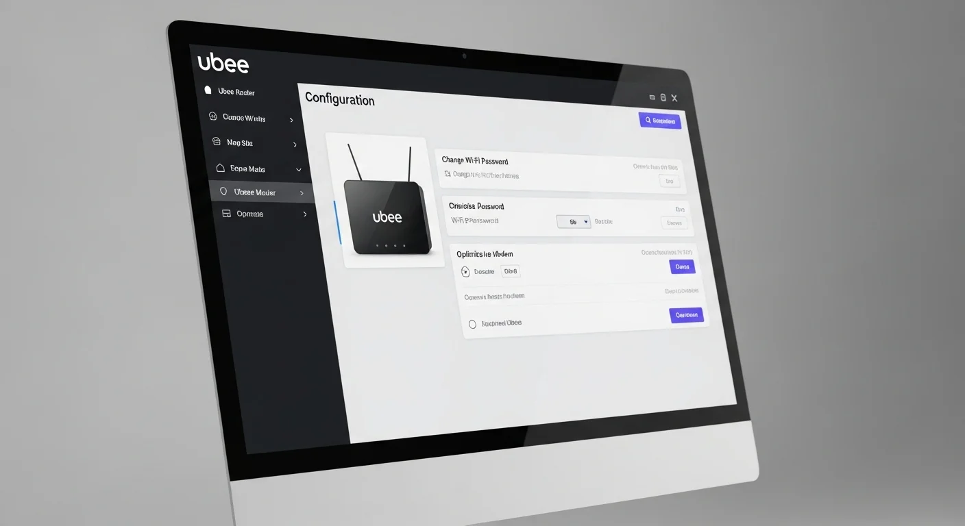Pantalla de una computadora mostrando la interfaz de configuración del router ubee, con opciones para cambiar la contraseña del Wi-Fi y optimizar el modem ubee.