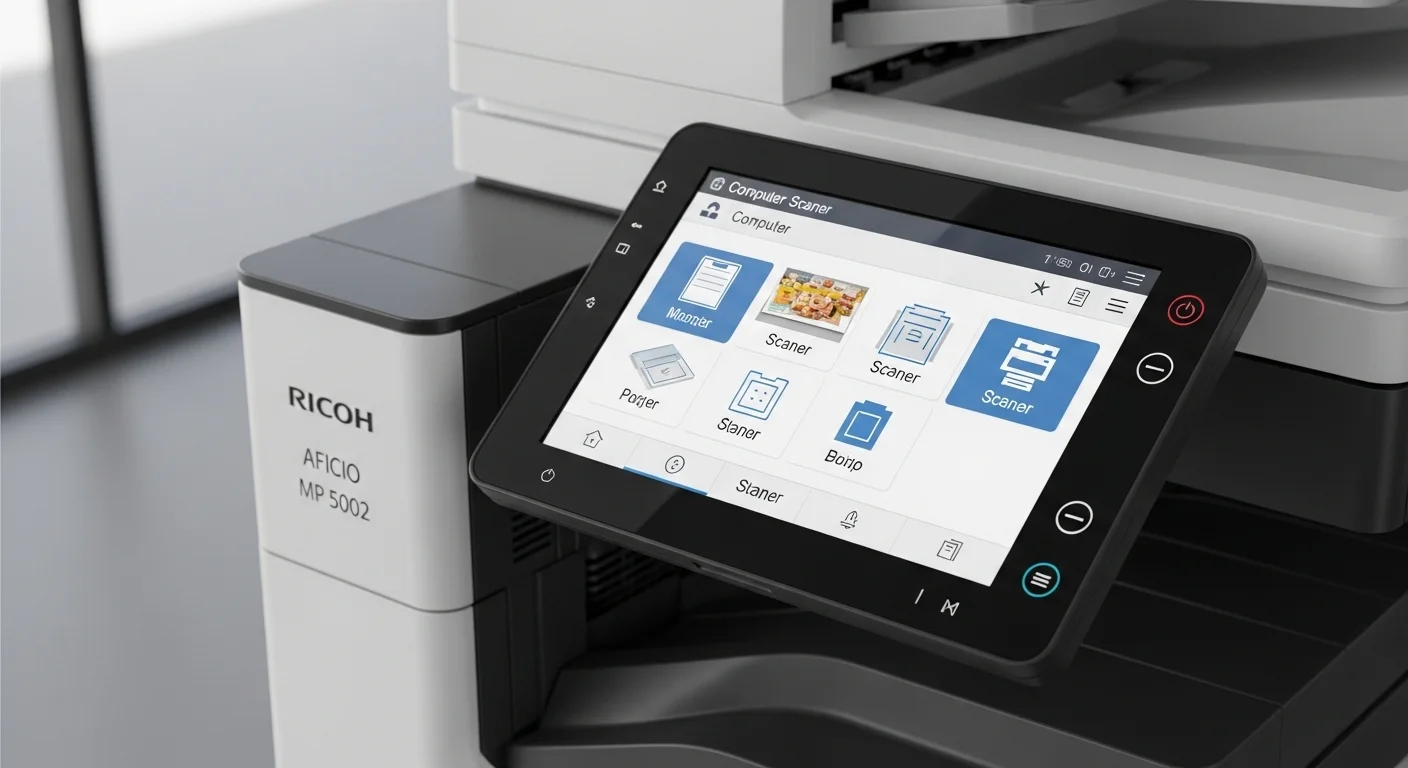 Panel de control táctil de una Ricoh Aficio MP 5002 mostrando opciones de escaneo a computadora.