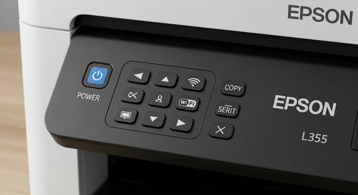 Primer plano del panel de control de una impresora de la epson l355 series, mostrando los botones de encendido, Wi-Fi y copia, simbolizando la facilidad de uso.