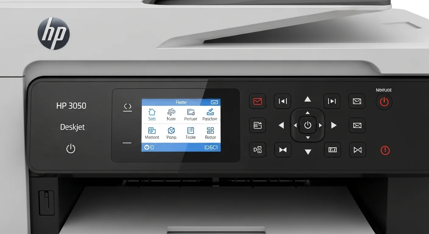 Detalle del panel de control y la pantalla LCD de una impresora HP 3050 Deskjet, mostrando los botones de función.