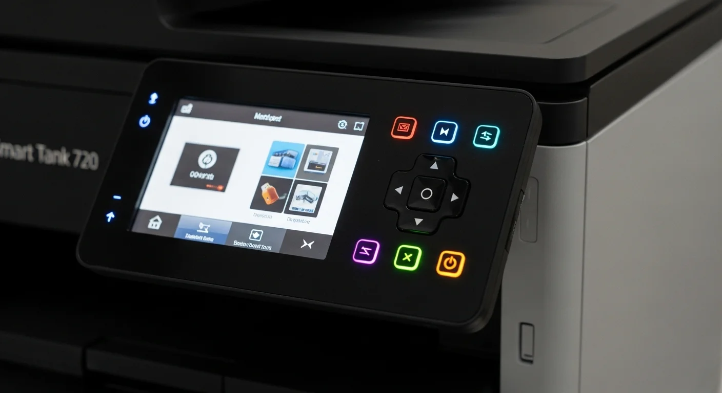 Detalle del panel de control táctil de la impresora multifuncional HP Smart Tank 720 mostrando los botones iluminados
