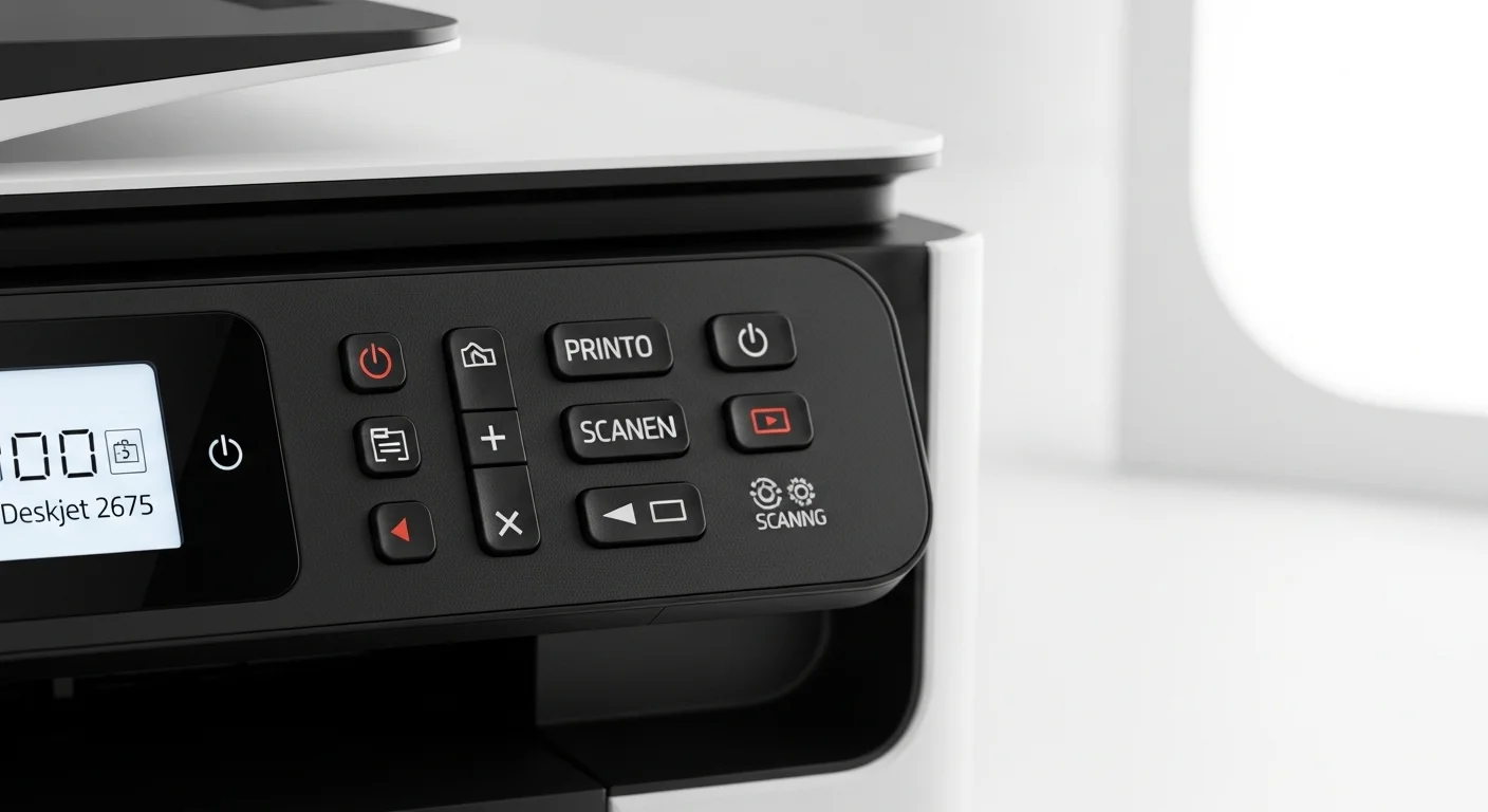 Detalle del panel de control y los botones de la impresora HP Deskjet 2675, destacando su facilidad de uso para tareas de impresión y escaneo.