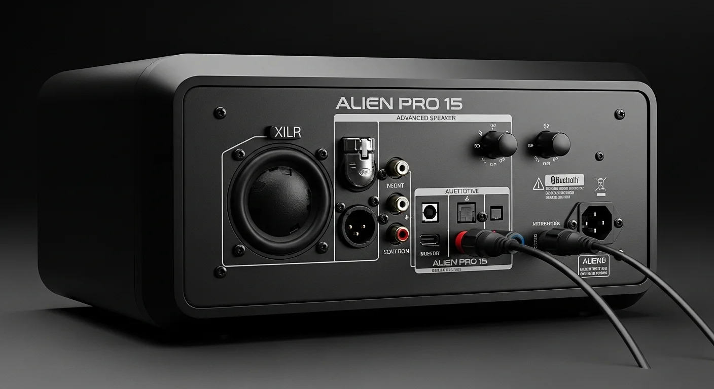 Panel trasero de un bafle Alien Pro 15 mostrando sus múltiples opciones de conectividad como XLR, RCA y Bluetooth, ideal para computadoras y otros equipos.